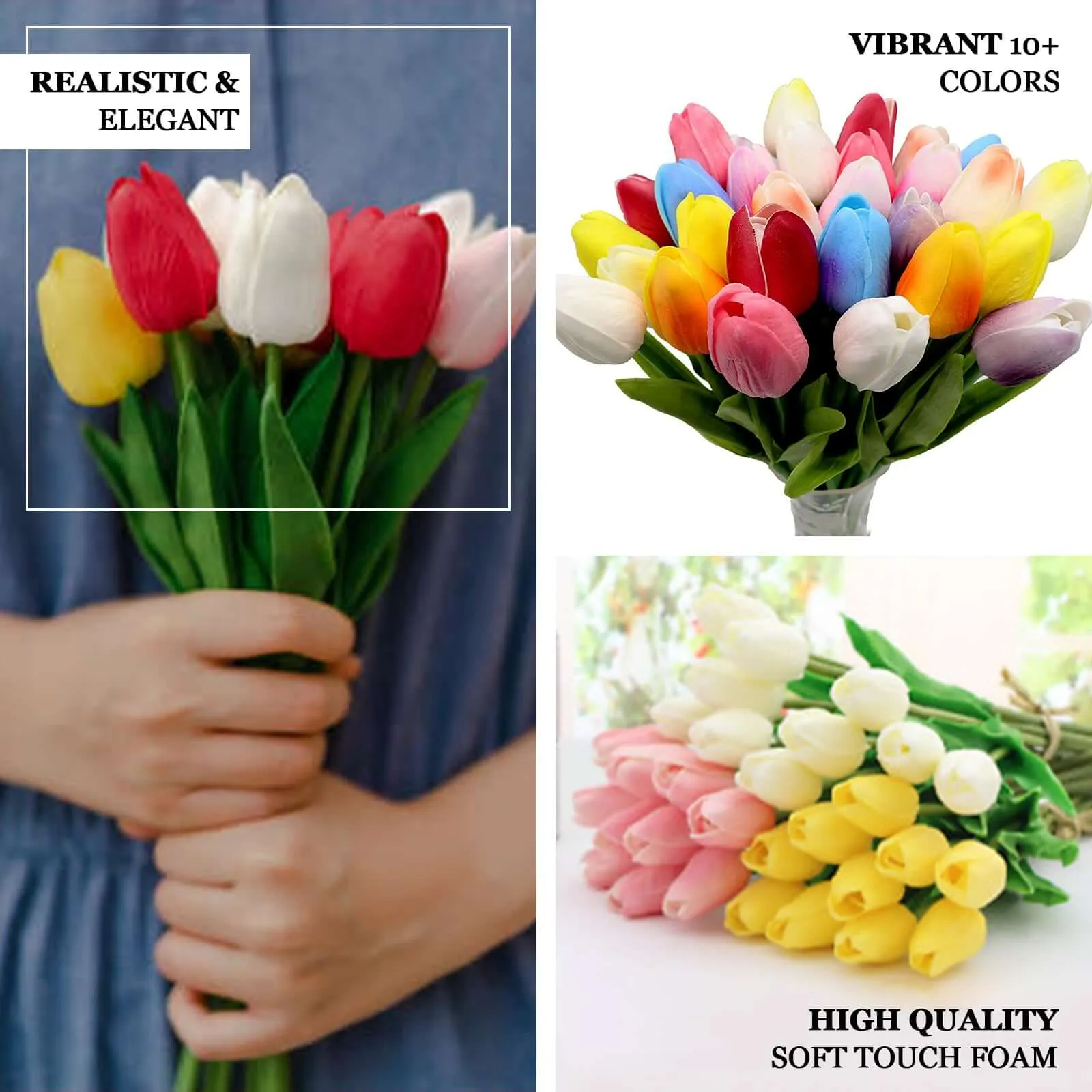 10 Stems 13" White Real Touch Artificial Foam Tulip Flower Bouquets