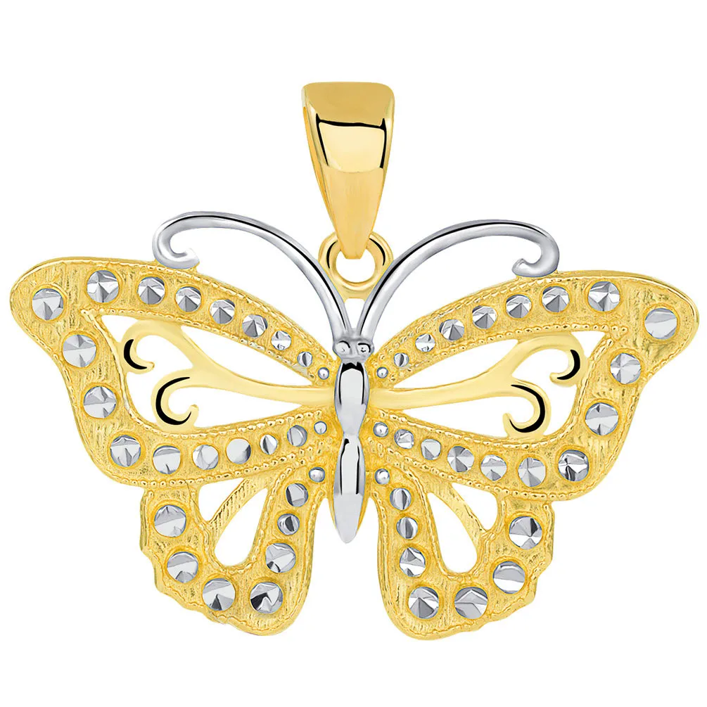 14k Solid Yellow Gold Budded Butterfly Pendant Necklace