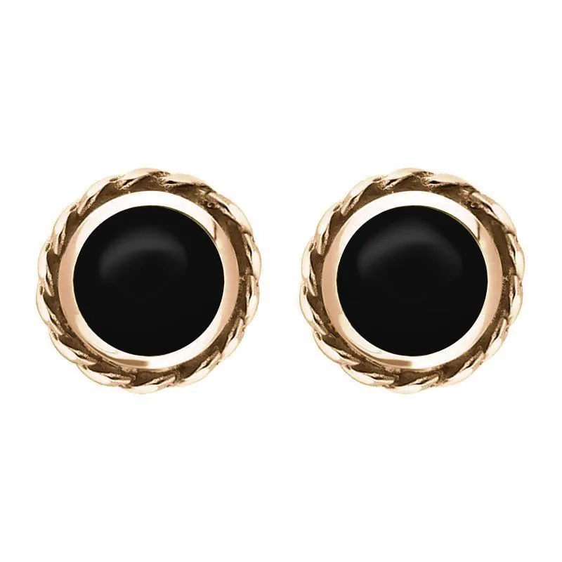 18ct Rose Gold Whitby Jet Round Twist Edge Stud Earrings