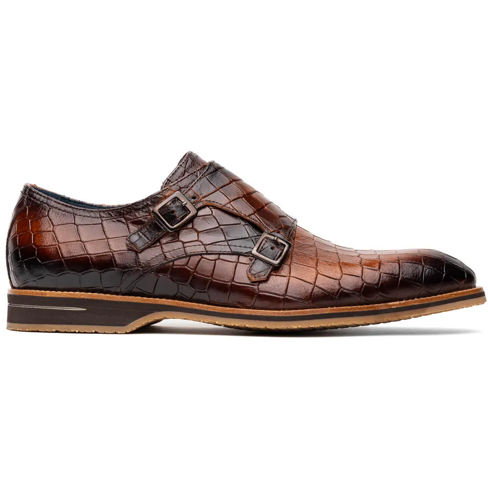 55-112-CGN LEGERRA Hand Burnished Crocodile Print Monkstrap Cognac