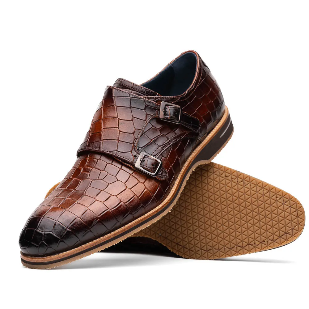 55-112-CGN LEGERRA Hand Burnished Crocodile Print Monkstrap Cognac