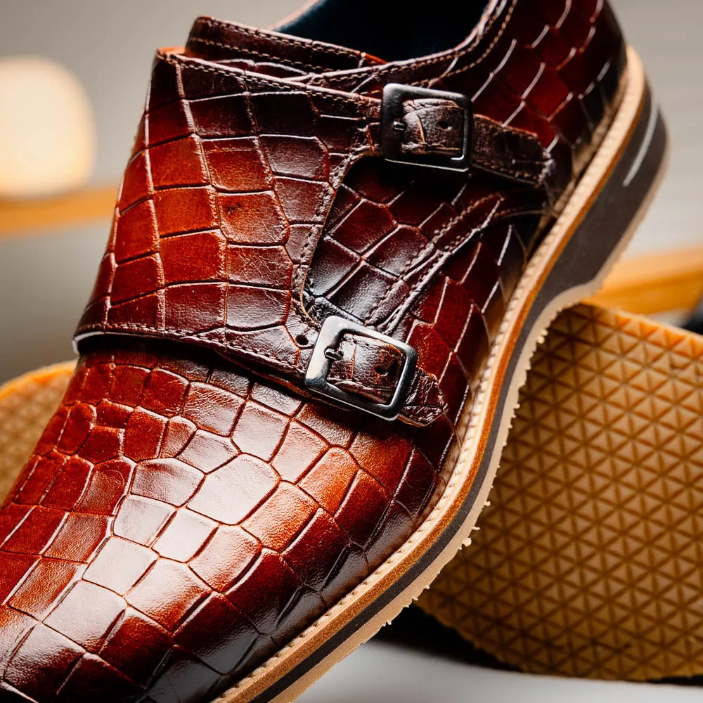 55-112-CGN LEGERRA Hand Burnished Crocodile Print Monkstrap Cognac