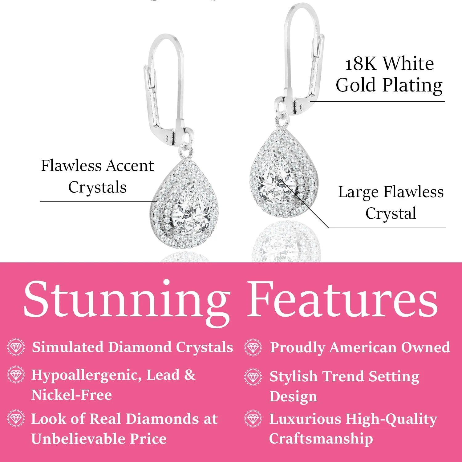 Aurelia 18k White Gold Plated Tear Drop Earrings with Simulated Diamond CZ Crystals