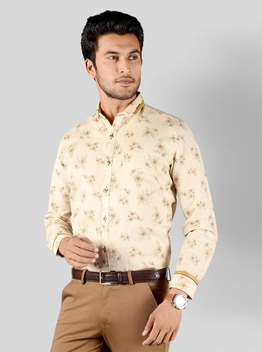 Beige & Brown Printed Slim Fit Party Wear Shirt | Greenfibre