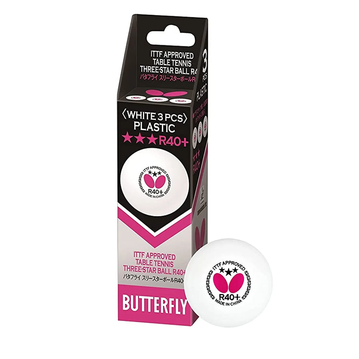 Butterfly 3 Star R40 Plus Table Tennis Balls, Pack Of 3 - White