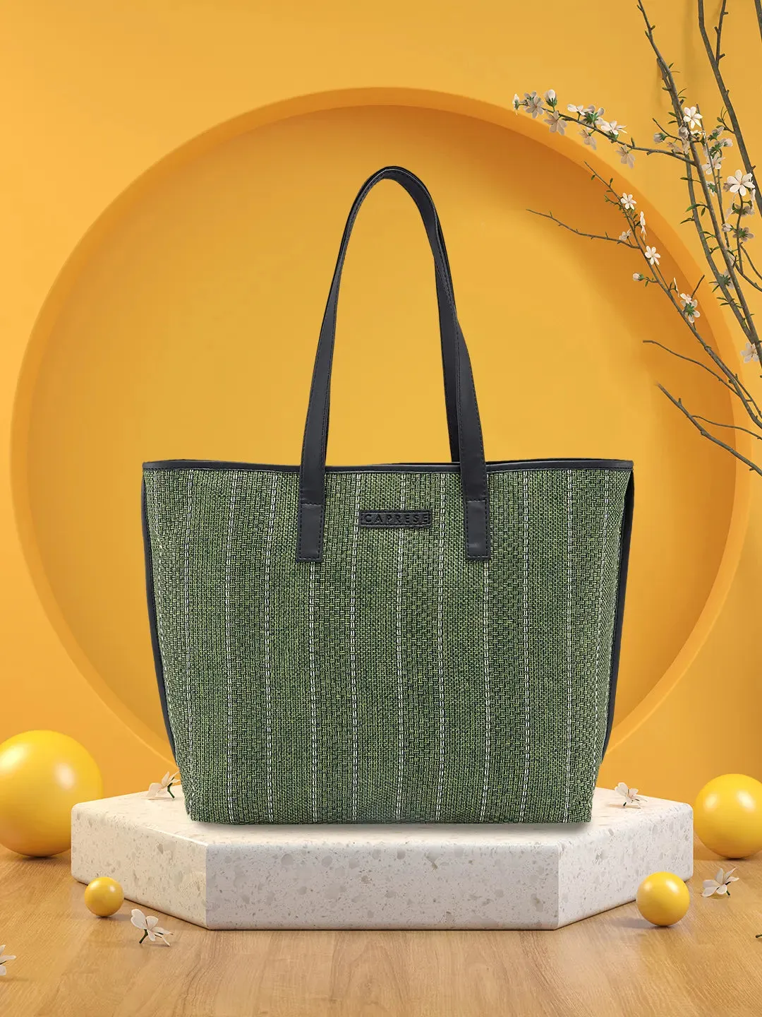 Caprese Evana Tote Medium Striped Women'S Handbag Green