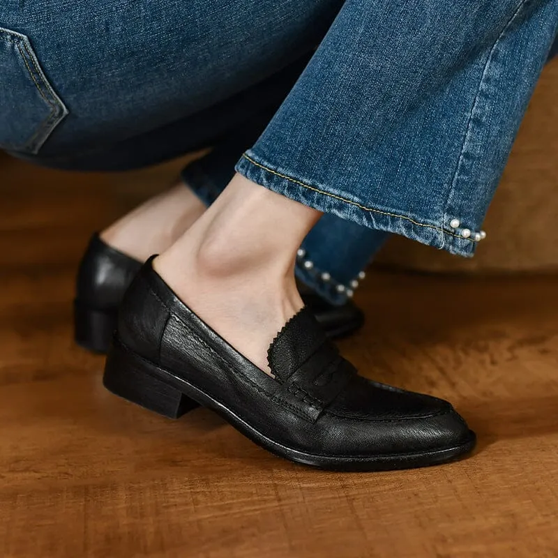 Classic Leather Penny Loafers for Women Round Toe in Coffee/Black