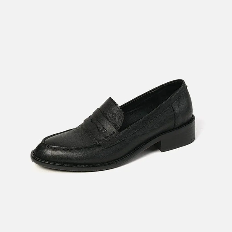 Classic Leather Penny Loafers for Women Round Toe in Coffee/Black