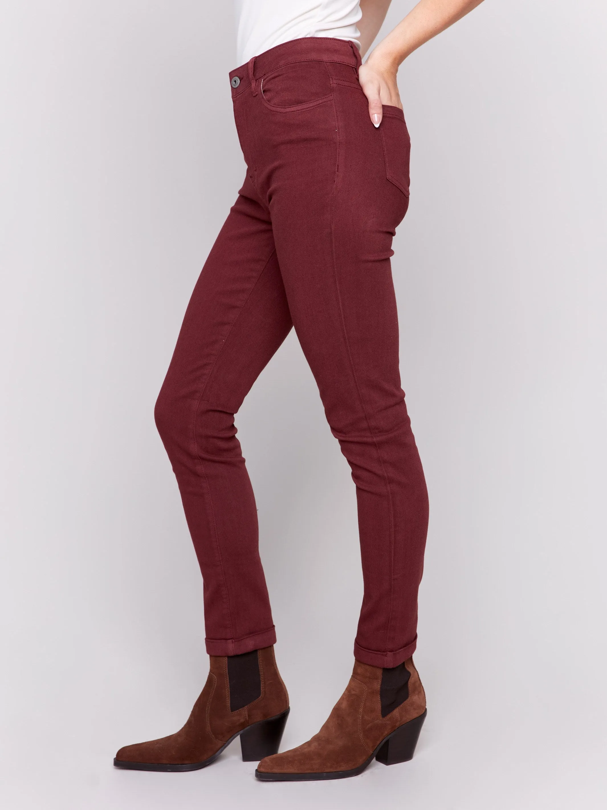 Cuffed Hem Twill Jeans - Cabernet