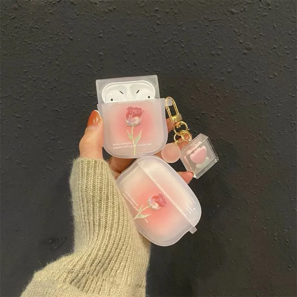 Cute Clear Gradient Pink Tulip Flower Print Protective Shockproof Cover AirPods Case   Carabiner Trinket for AirPods 1 2 3 Pro 2 Generation