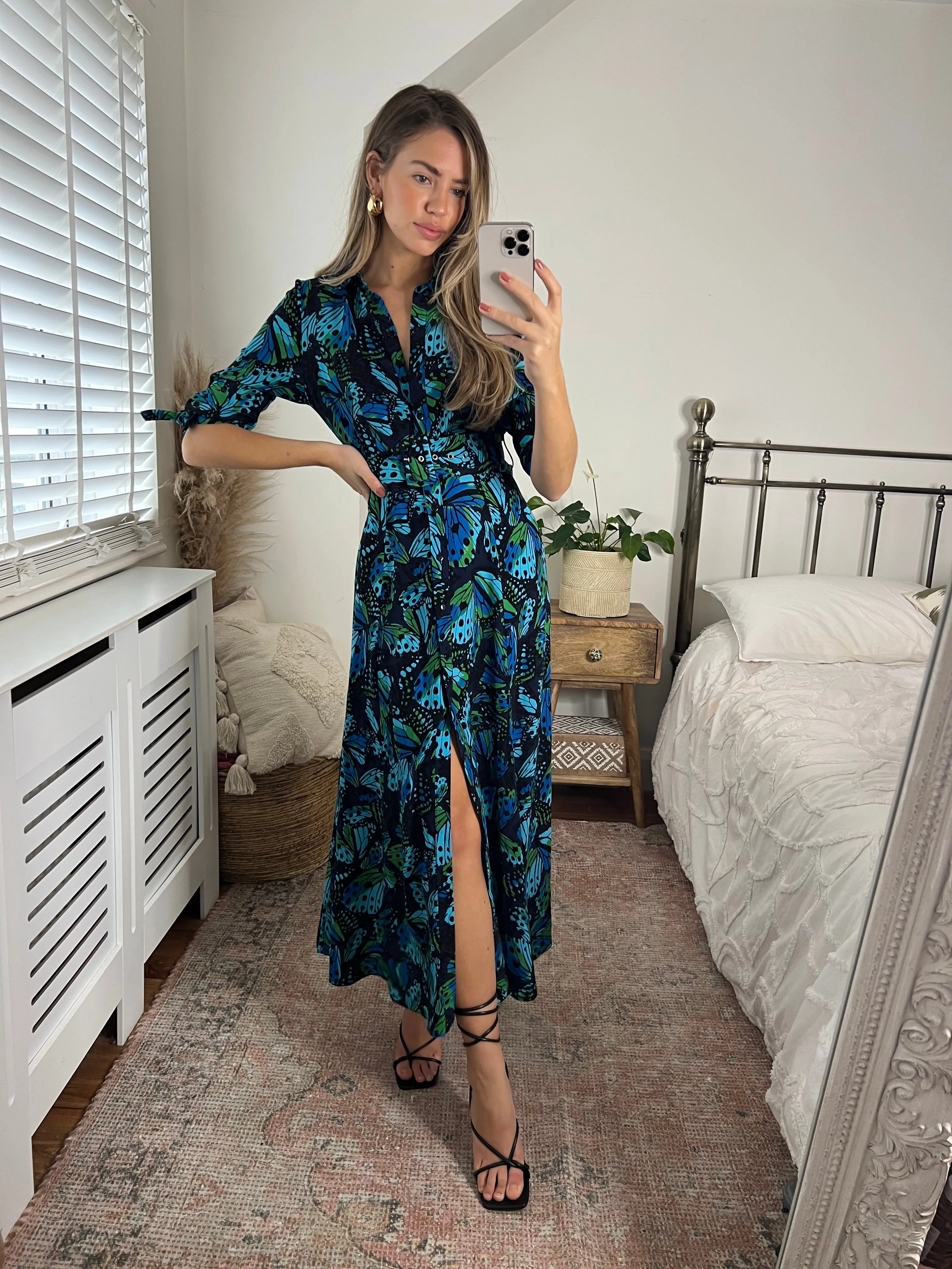 Daphne Belted Shirt Dress / Blue Butterfly Print