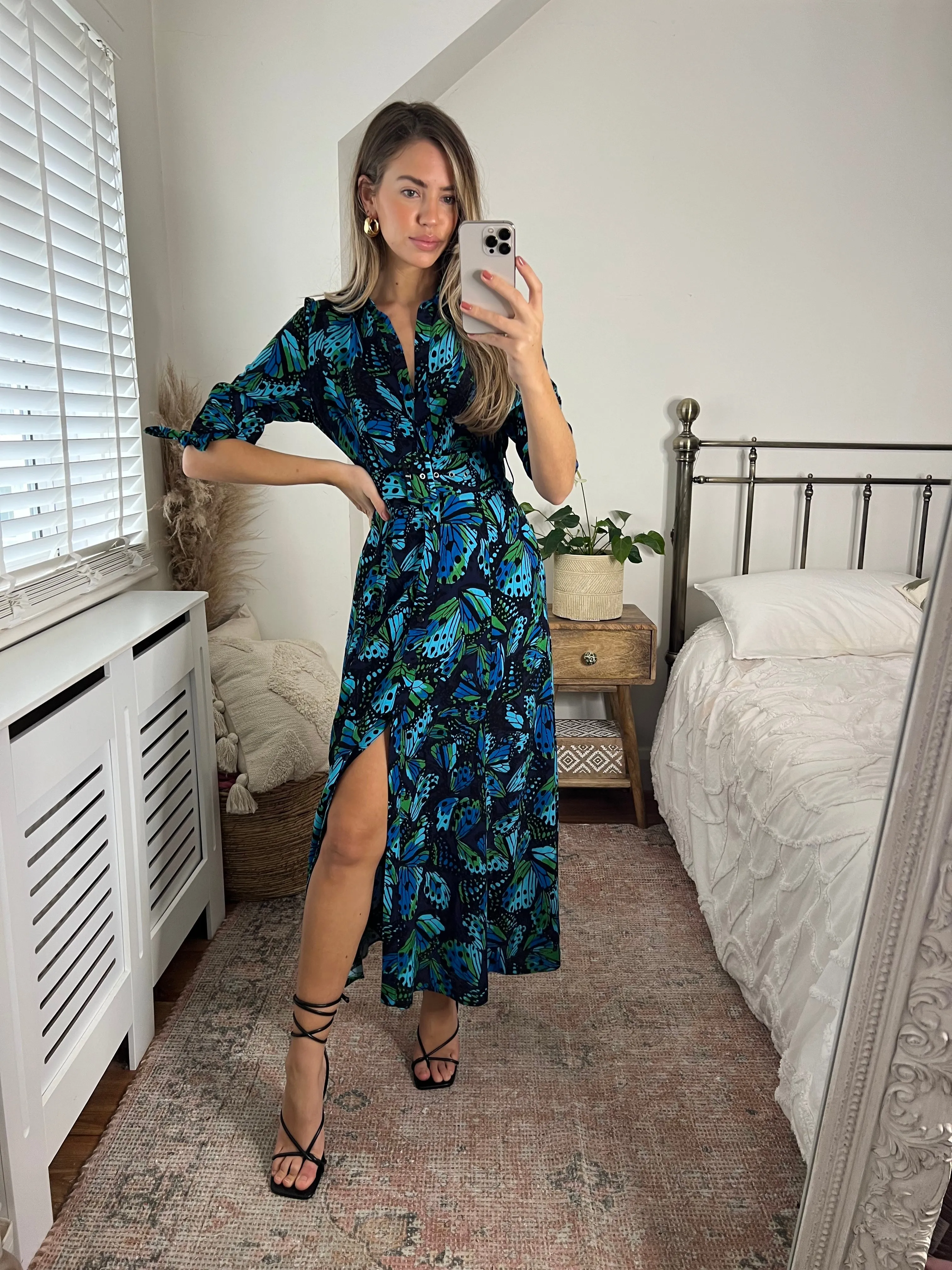 Daphne Belted Shirt Dress / Blue Butterfly Print