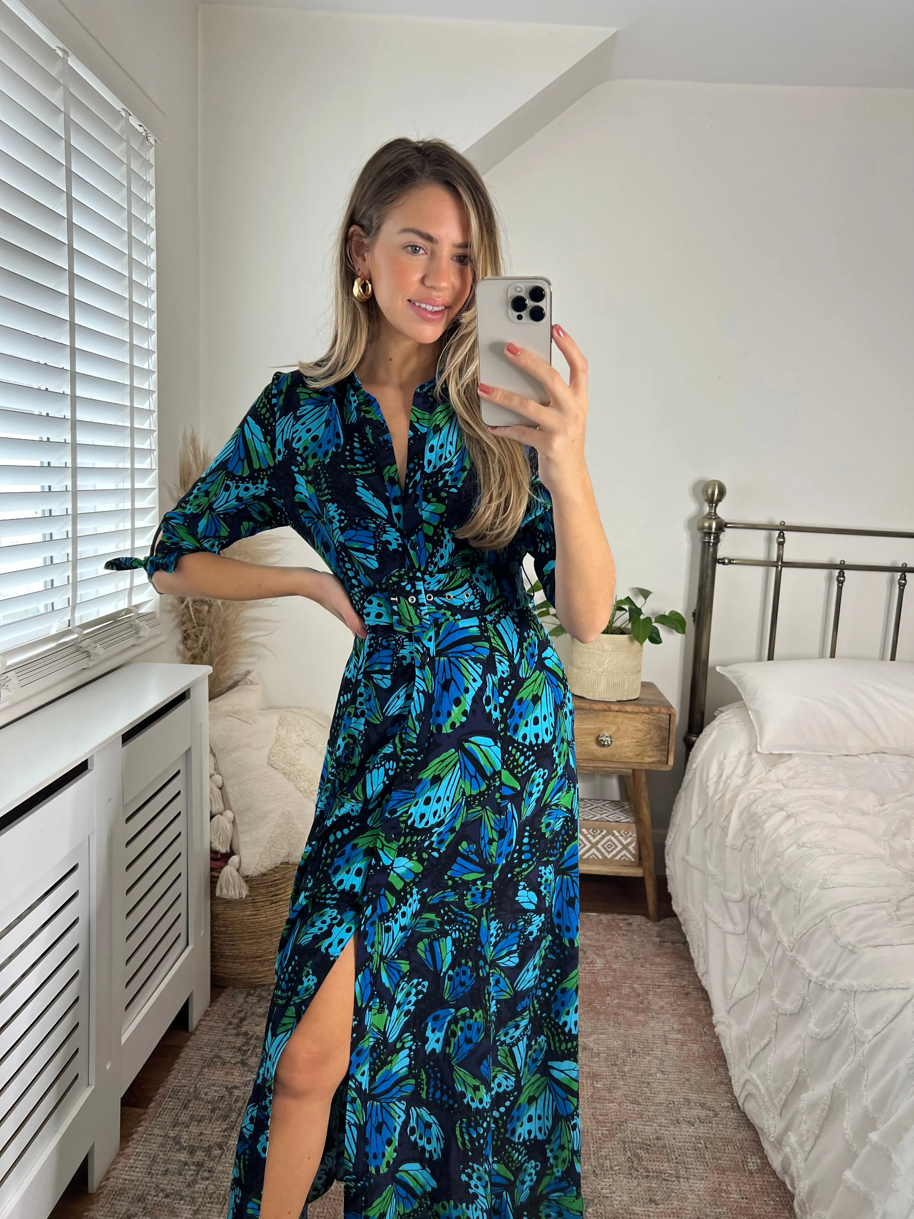 Daphne Belted Shirt Dress / Blue Butterfly Print