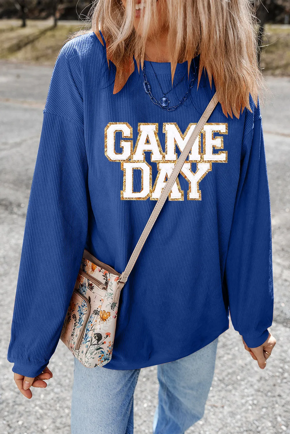 Dark Blue GAME DAY Glitter Detail Ribbed Drop Shoulder Sweatshirt