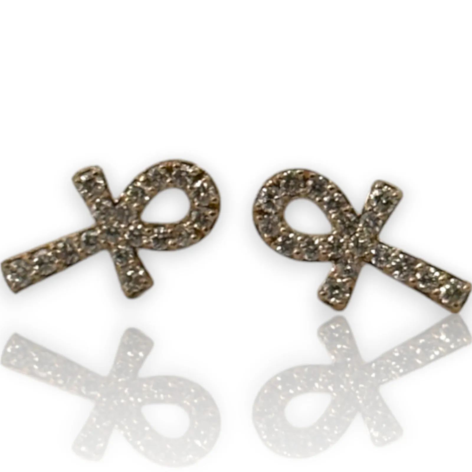 Diamond Ankh Egyptian Hieroglyph Solid 14k Rose Gold Stud Earrings