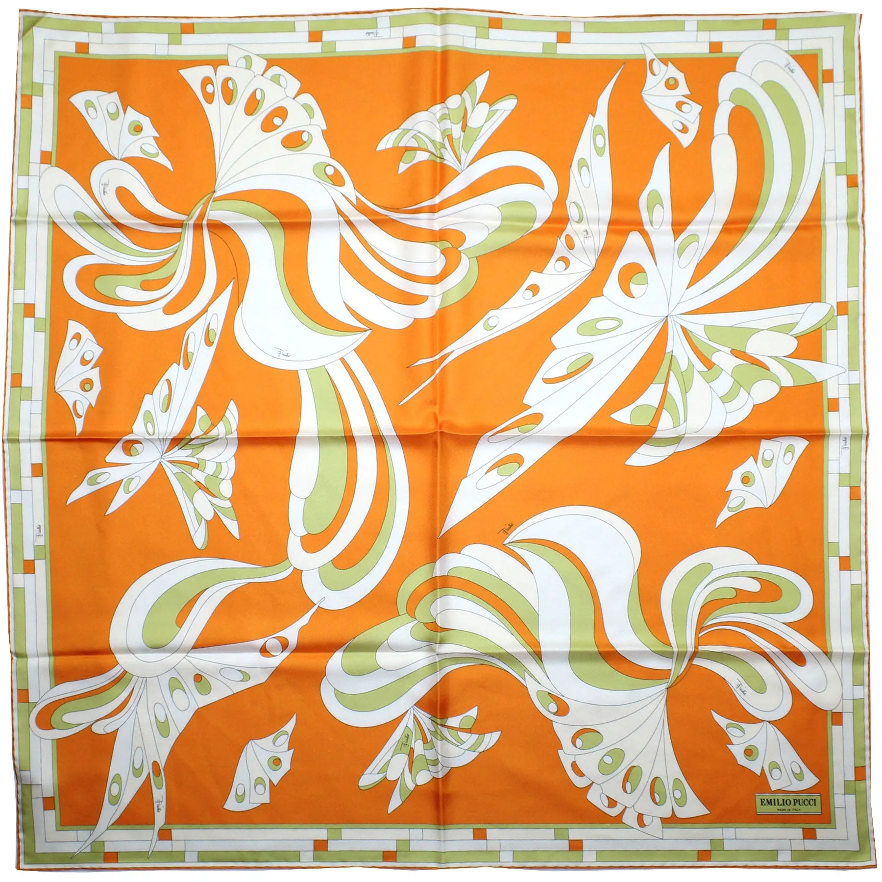 Emilio Pucci Scarf White Orange Olive Butterfly - Twill Silk Square Foulard