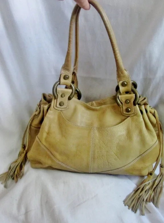 FRANCESCO BIASIA Leather Handbag Shoulder Bag Satchel Hobo Boho TAN BEIGE L