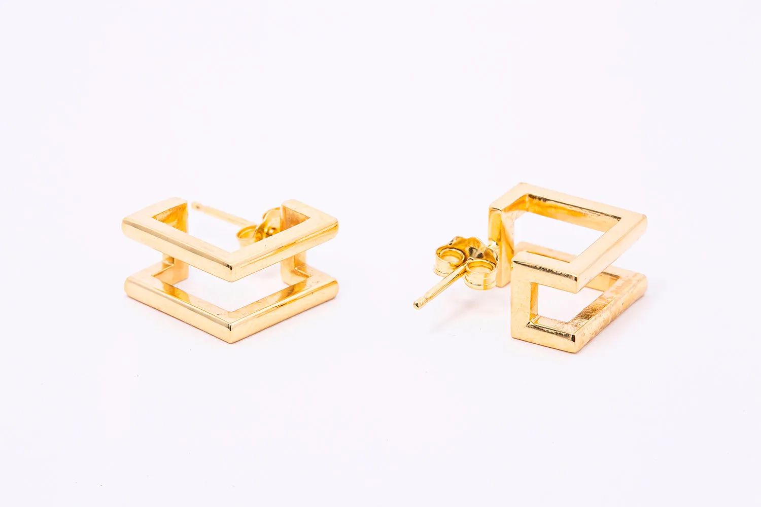 Geometric Square Line 3D Huggies Solid 14K 585 Yellow Gold Pair of Hoop Earrings