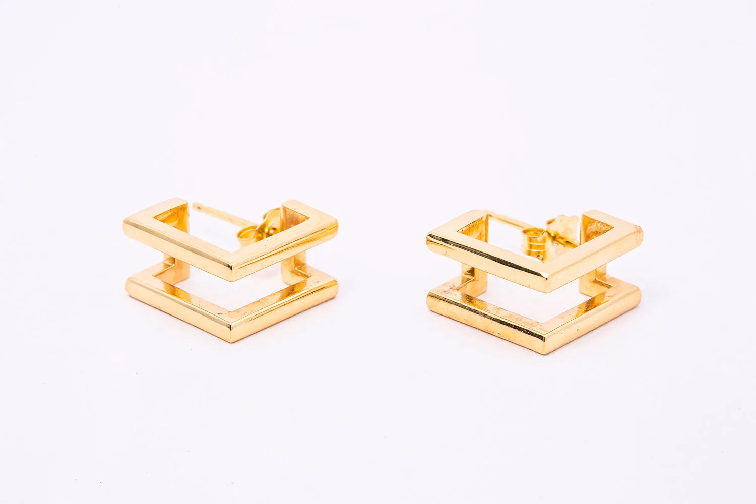 Geometric Square Line 3D Huggies Solid 14K 585 Yellow Gold Pair of Hoop Earrings