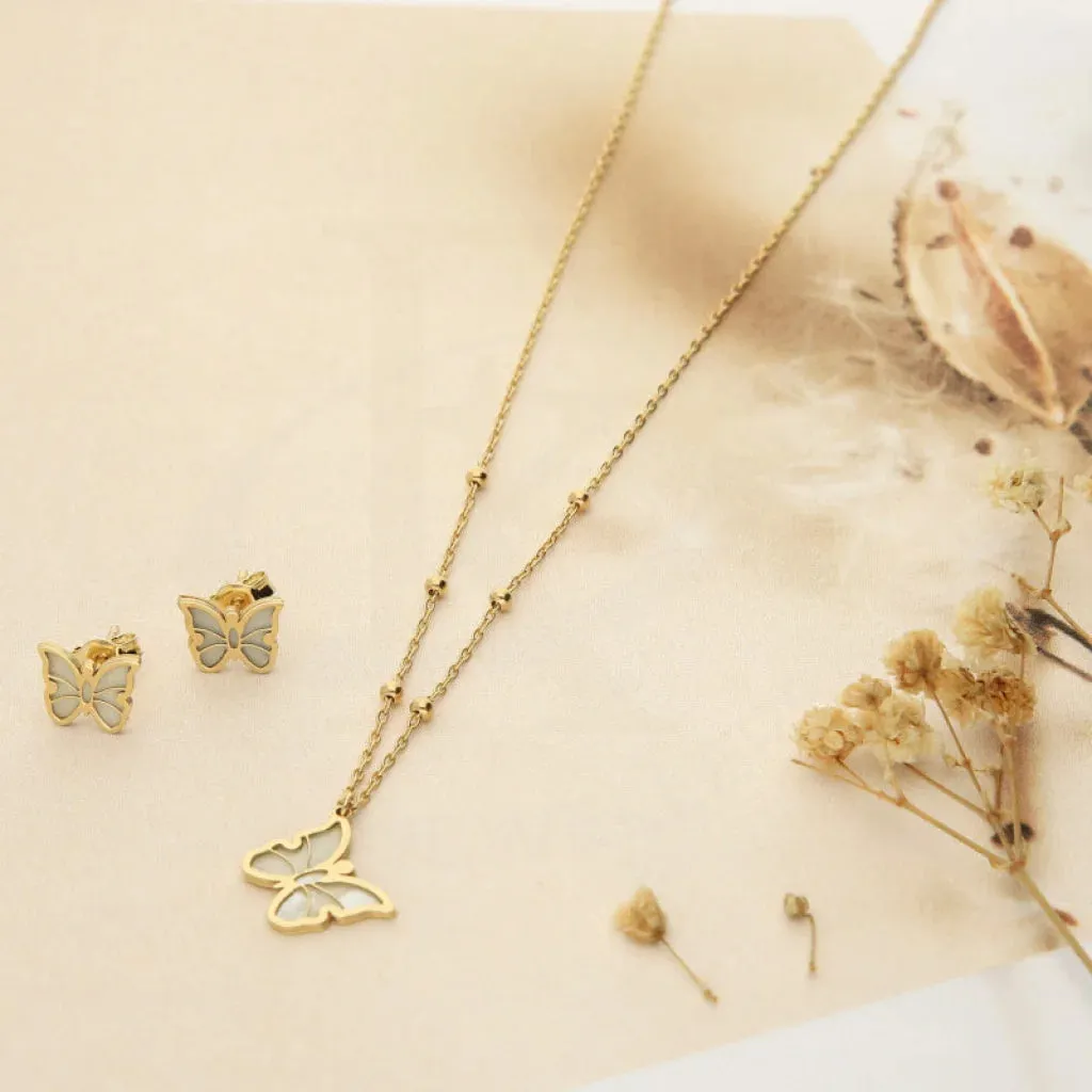 Gold Butterfly Pendant Set (Necklace and Earrings) 18KT - FKJNKLST18K2426