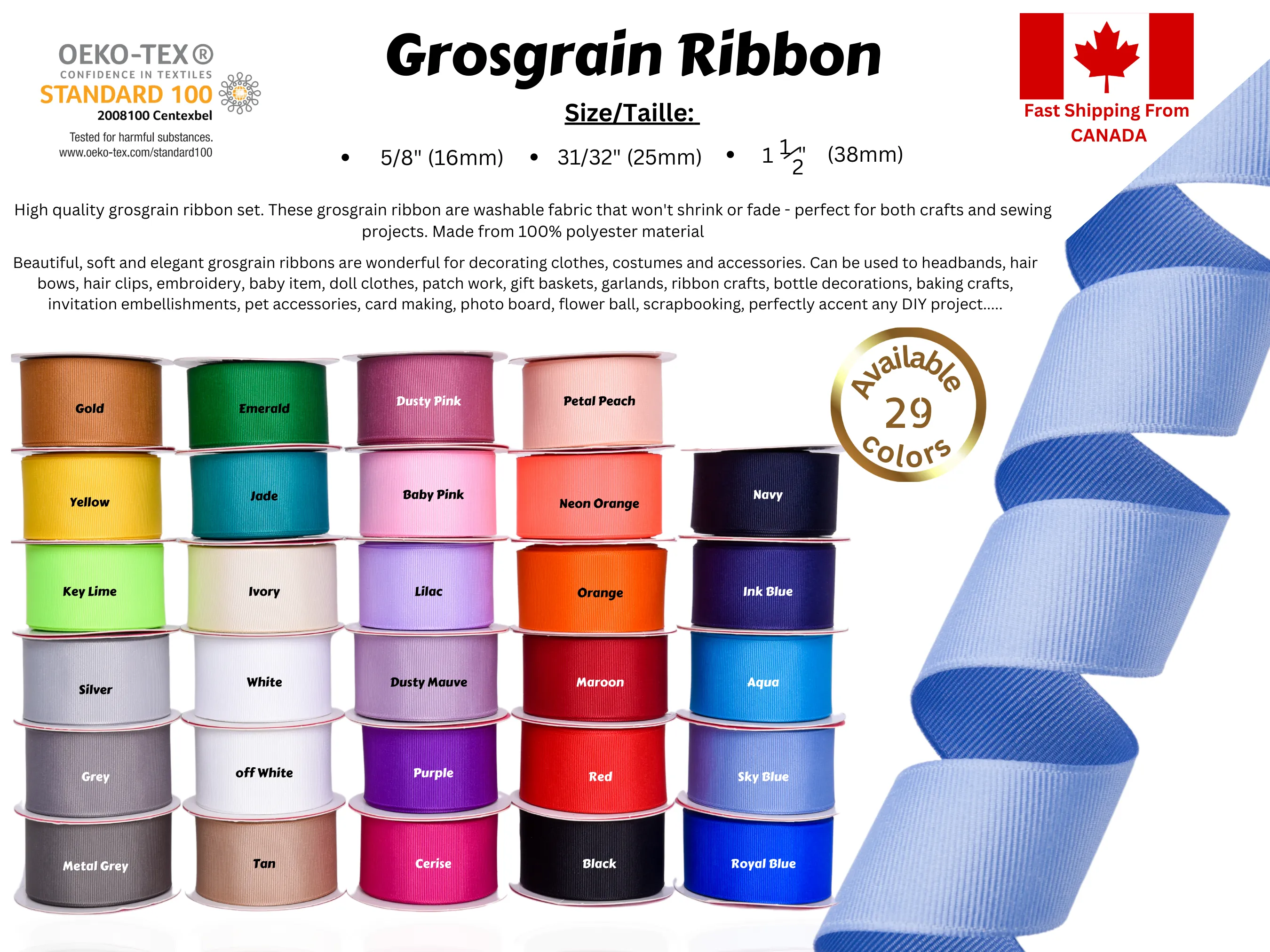 Grosgrain Ribbon - 16mm, 25mm, 38mm (10 yards roll)