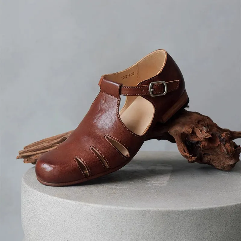 Hand Stitching Horse Leather Mary Jane Shoes For Women Leather Sole in Coffee