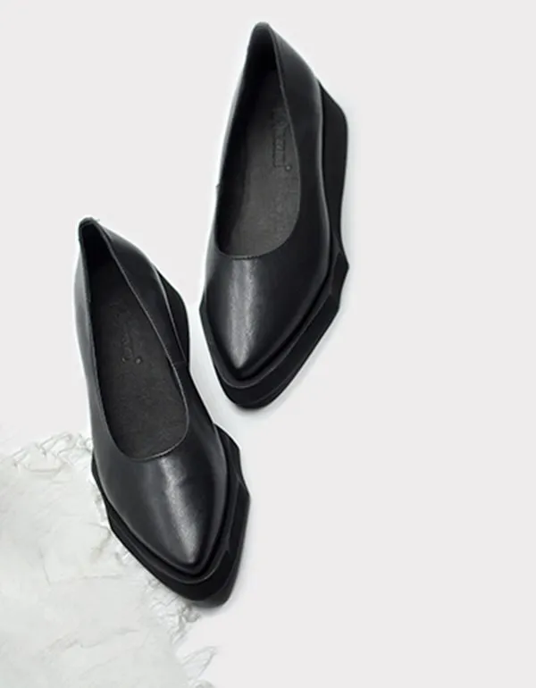 Handmade Retro Leather Flat Point Toe Pumps