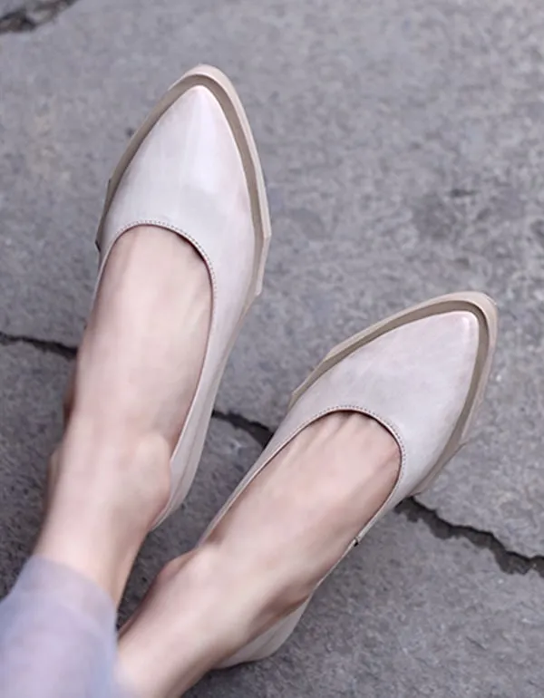 Handmade Retro Leather Flat Point Toe Pumps