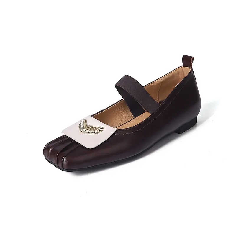 Leather Strappy Mary Jane Flats Color Blocking in Black/Brown