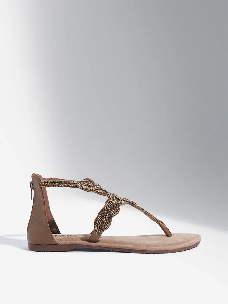 LUNA BLU Tan Embellished T-Strap Gladiator Sandals