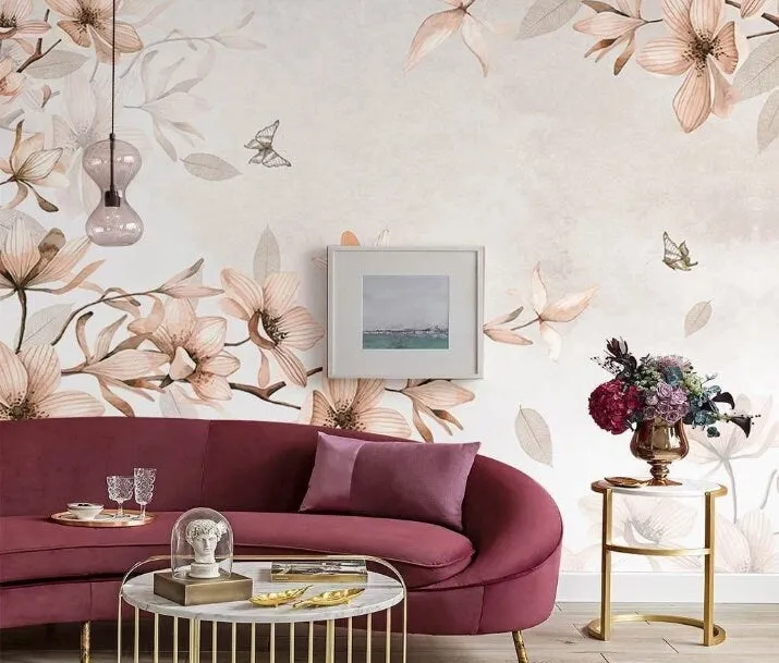 Magnolia wallpaper peel and stick wall mural, floral  self adhesive wallpaper, flower wall decals, botanical removable wallpaper