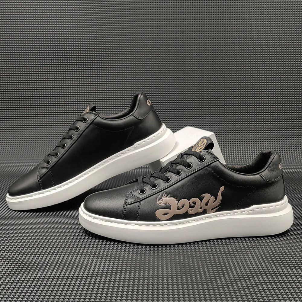 Men 2024 Fashion Leather Print Flat Casual Sneakers