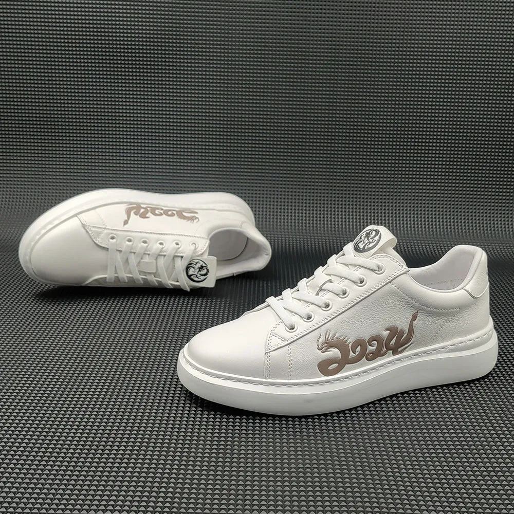 Men 2024 Fashion Leather Print Flat Casual Sneakers