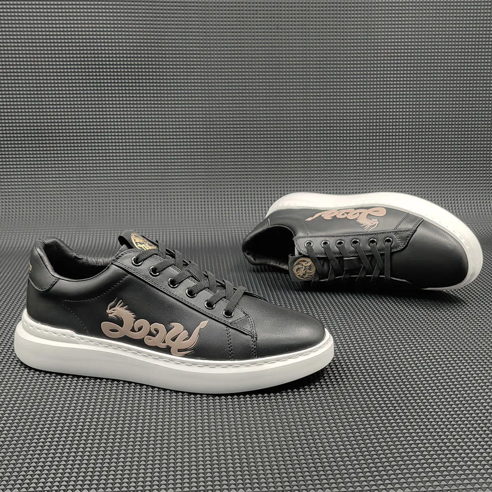 Men 2024 Fashion Leather Print Flat Casual Sneakers