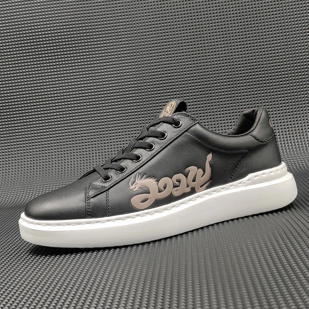 Men 2024 Fashion Leather Print Flat Casual Sneakers