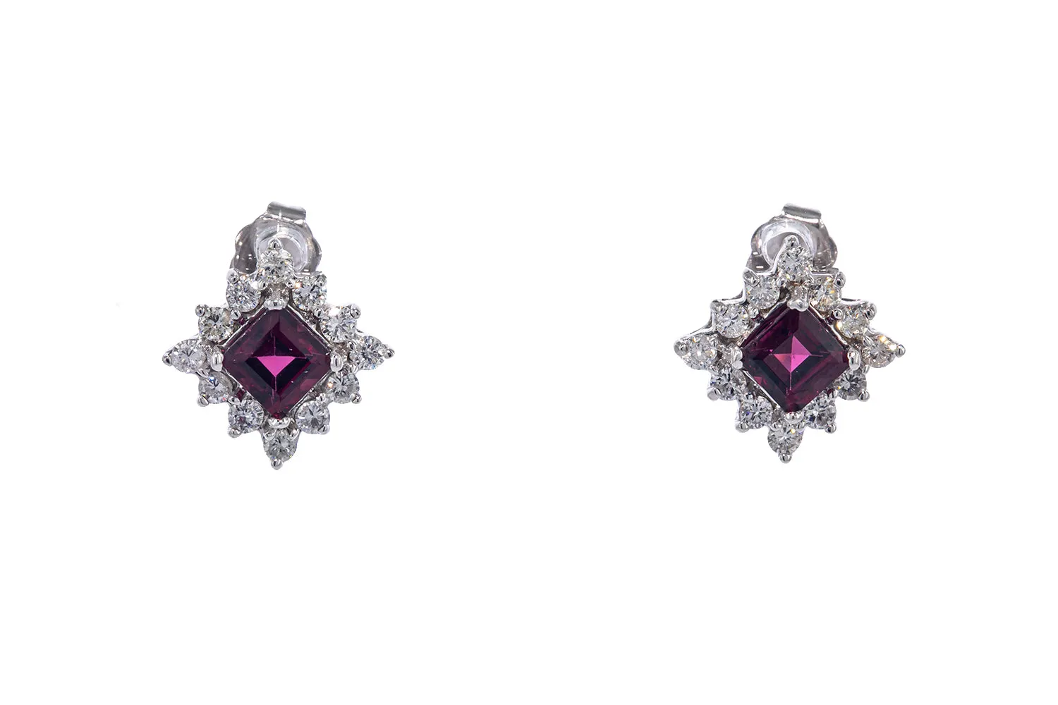 Natural Garnet & Diamond Halo Accent Studs 14K 585 White Gold Pair of Earrings