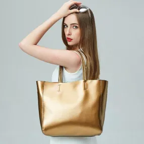 Pearlised Cowhide Leather Tote Bag, 2023 Genuine Leather Bucket Bag, Large Shopping Shoulder Bag, Laptop Crossbody Bag, Golden, Silver, Blue