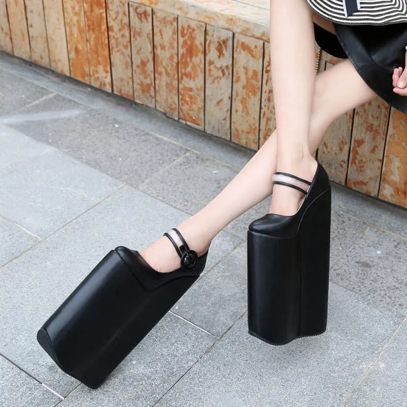 Tall Black Retro Platform Pumps with 30cm High Heel for Women