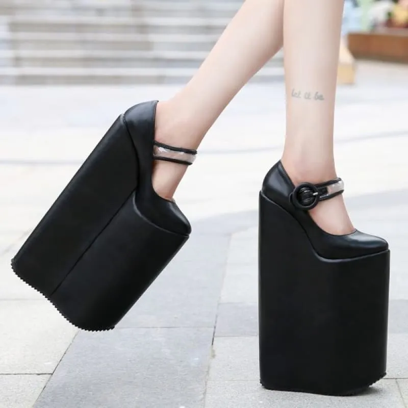 Tall Black Retro Platform Pumps with 30cm High Heel for Women