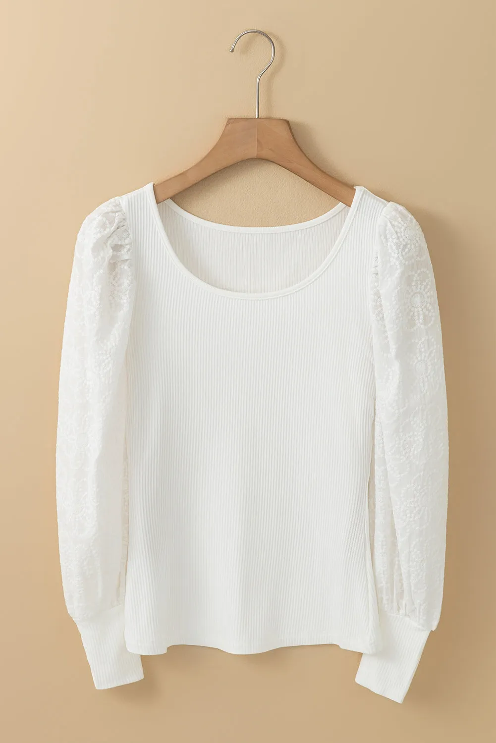 White Flower Puff Sleeve Ribbed Knit Top