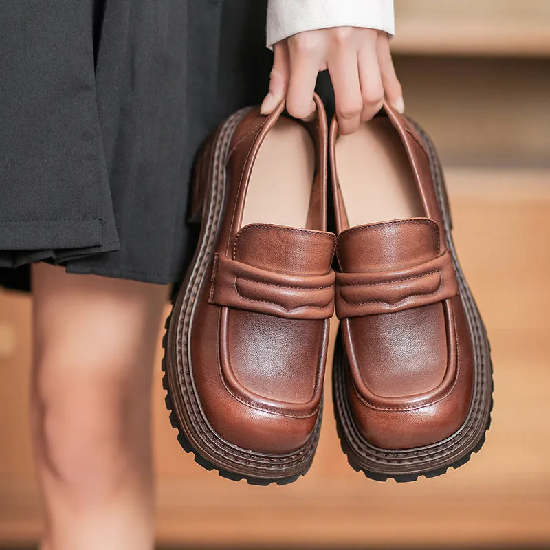 Women Casual Retro Leather Low Block Loafers