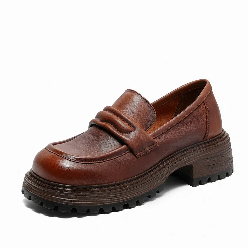 Women Casual Retro Leather Low Block Loafers