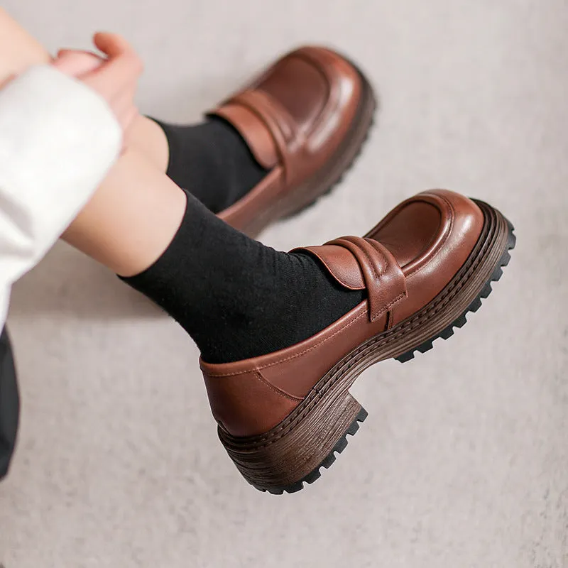 Women Casual Retro Leather Low Block Loafers