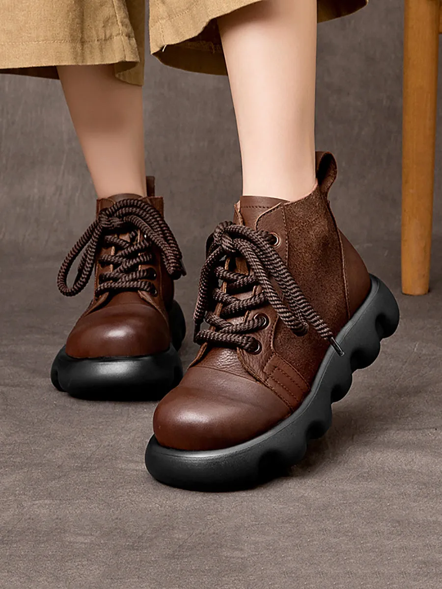 Women Vintage Leather Spliced Strap Mid-Heel Martine Boots