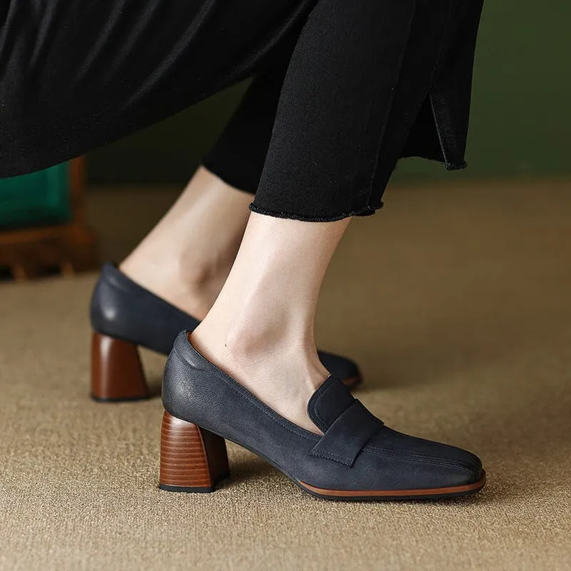 Women's Handmade Retro Square-Toe Block-Heel Loafers in Blue/Apricot