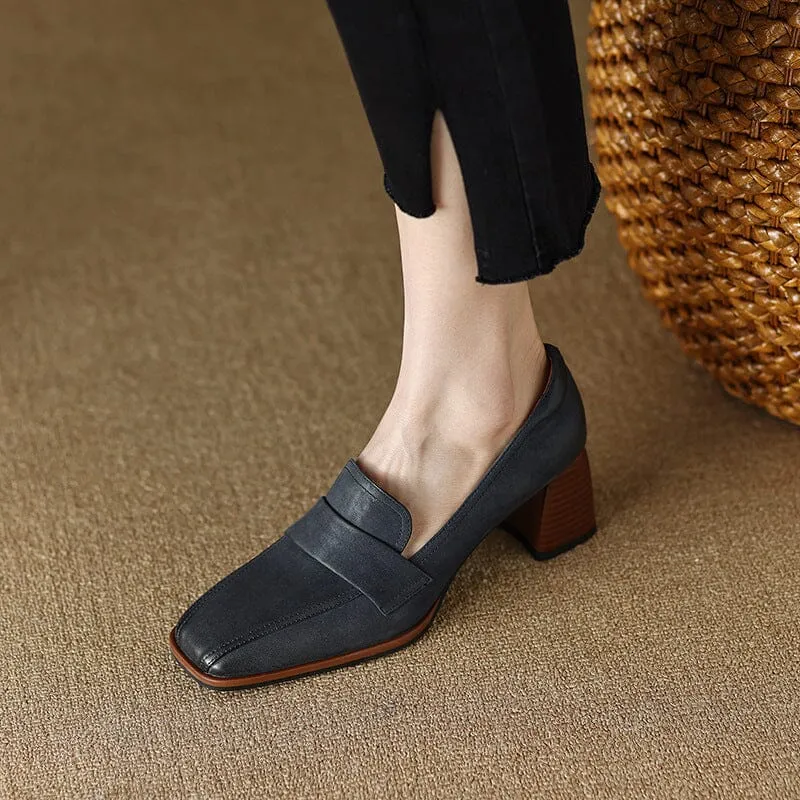 Women's Handmade Retro Square-Toe Block-Heel Loafers in Blue/Apricot