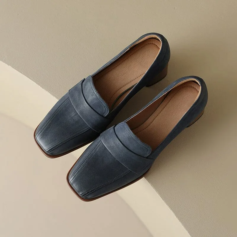 Women's Handmade Retro Square-Toe Block-Heel Loafers in Blue/Apricot