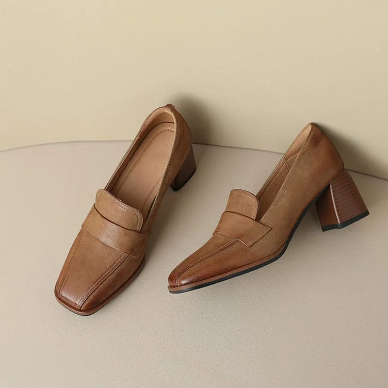 Women's Handmade Retro Square-Toe Block-Heel Loafers in Blue/Apricot