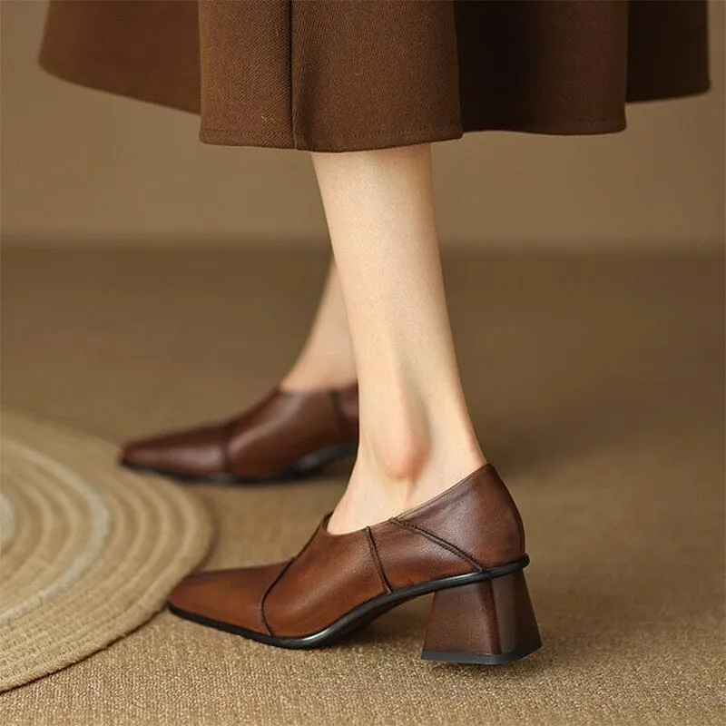 Womens Handmade Soft Leather Square Toe Block Heel Slip On Pumps in Brown/Black