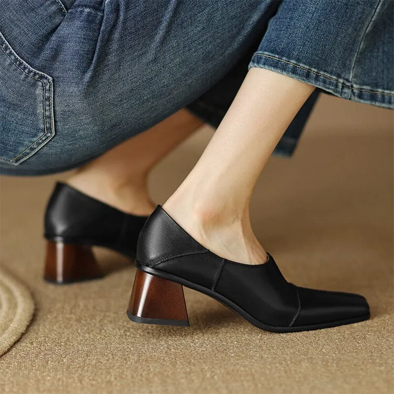 Womens Handmade Soft Leather Square Toe Block Heel Slip On Pumps in Brown/Black